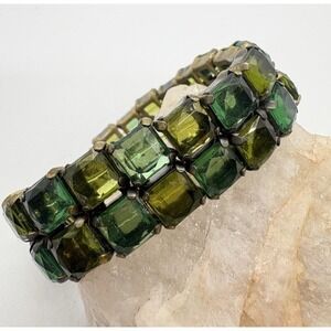 Vintage Two Tone Green Square Rhinestone Bracelet 6.25'' Stretch Gold Tone